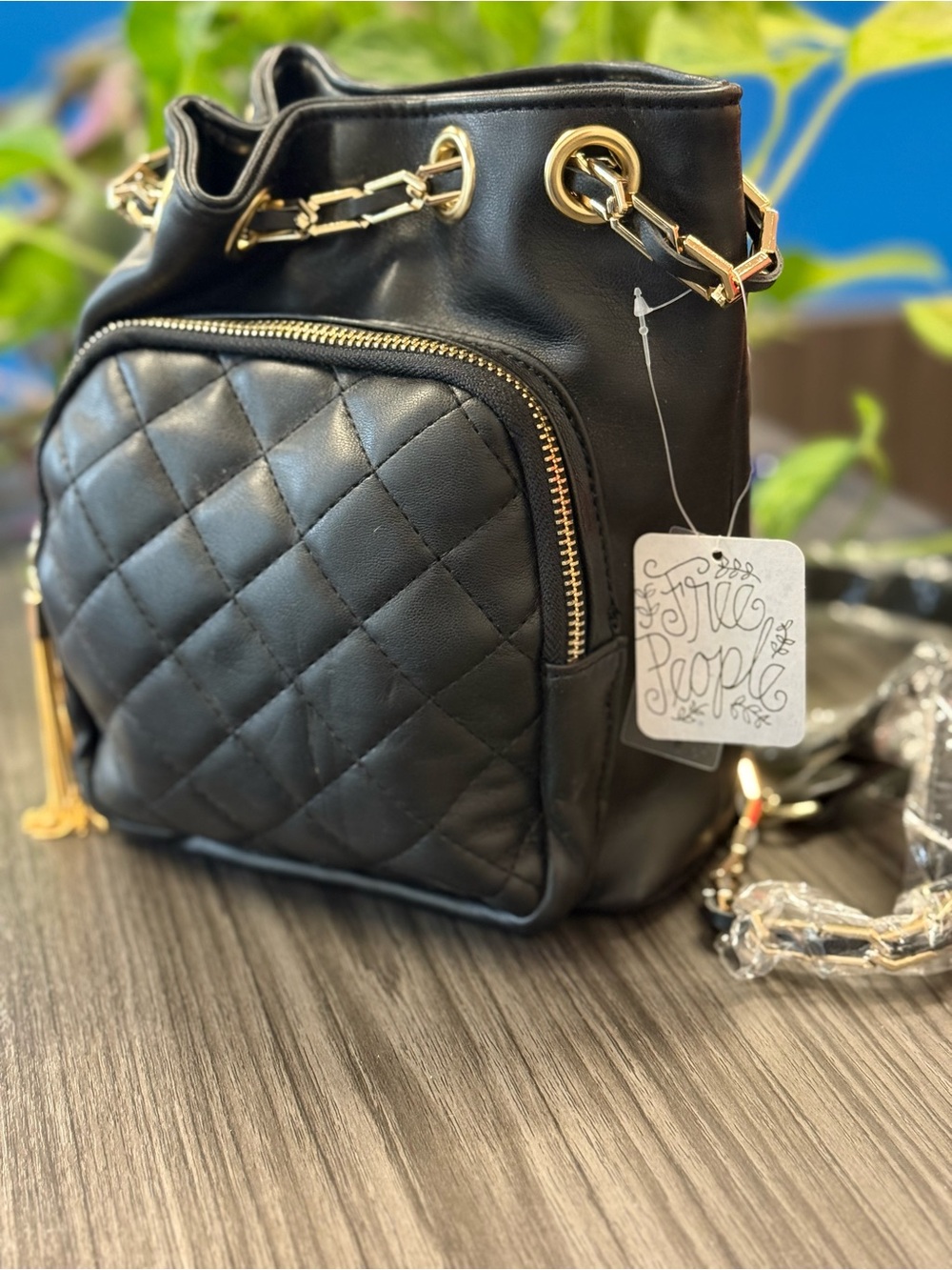 Free People Black Quilted Mini Backpack Bag with Gold Chain Straps